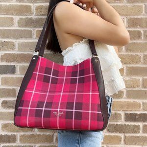 Kate Spade Triple Compartment Shoulder Bag Classic Plaid Bright Rose Multi